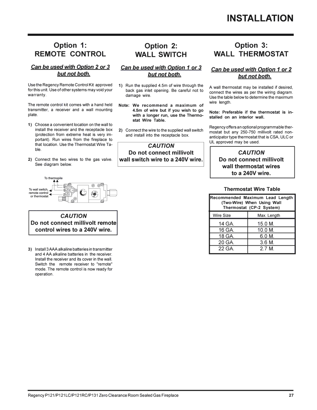 Regency P121-NG, P131-NG, P121LC-NG, P121RC-NG installation manual Remote Control, Thermostat Wire Table 