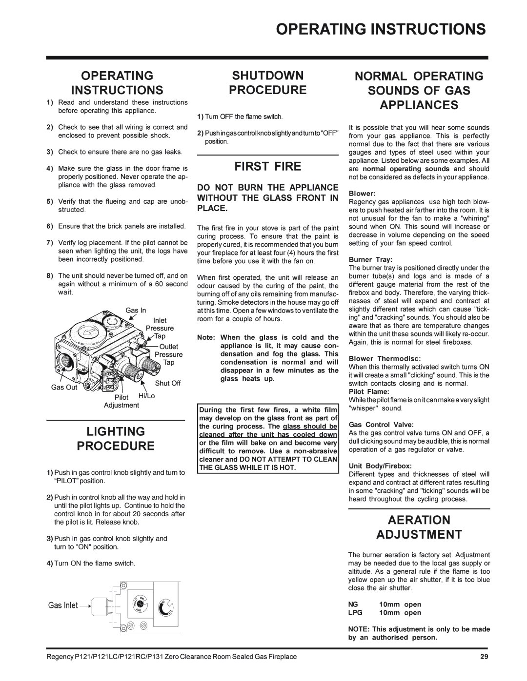 Regency P121LC-NG, P131-NG, P121RC-NG, P121-NG installation manual Operating Instructions 