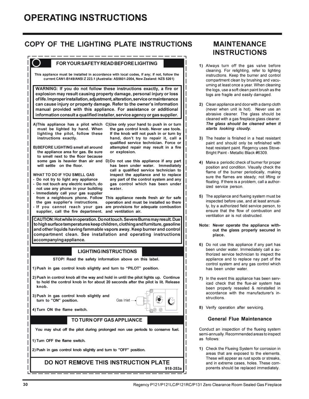 Regency P121RC-NG, P131-NG Copy of the Lighting Plate Instructions, Maintenance Instructions, General Flue Maintenance 