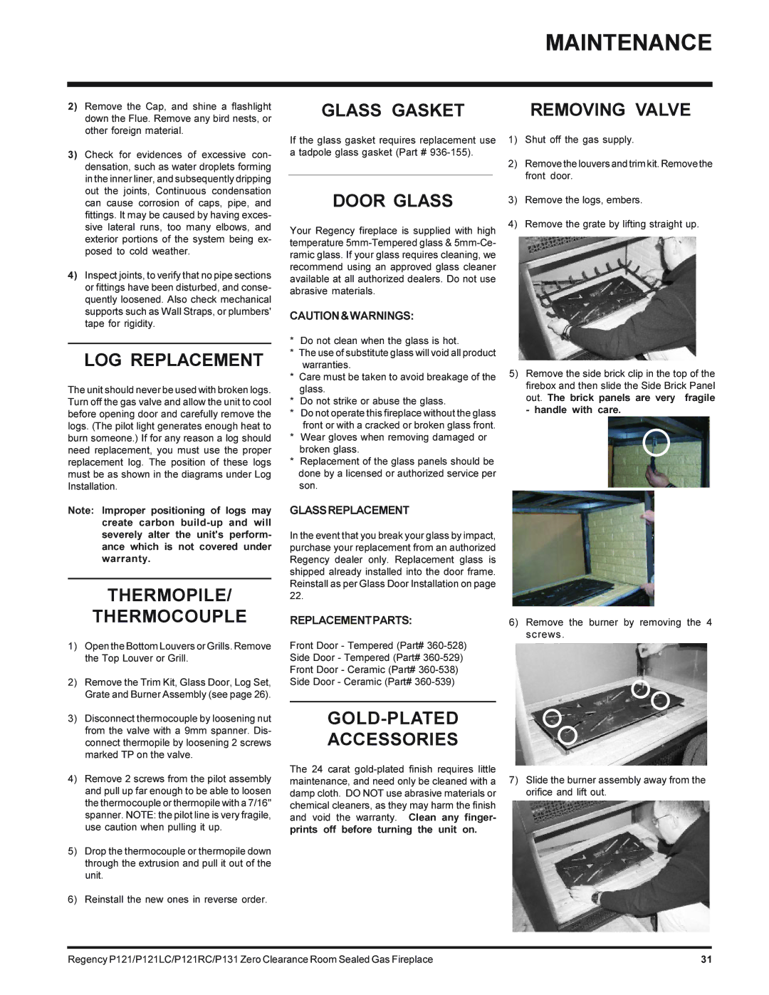 Regency P121-NG, P131-NG, P121LC-NG, P121RC-NG installation manual Maintenance 