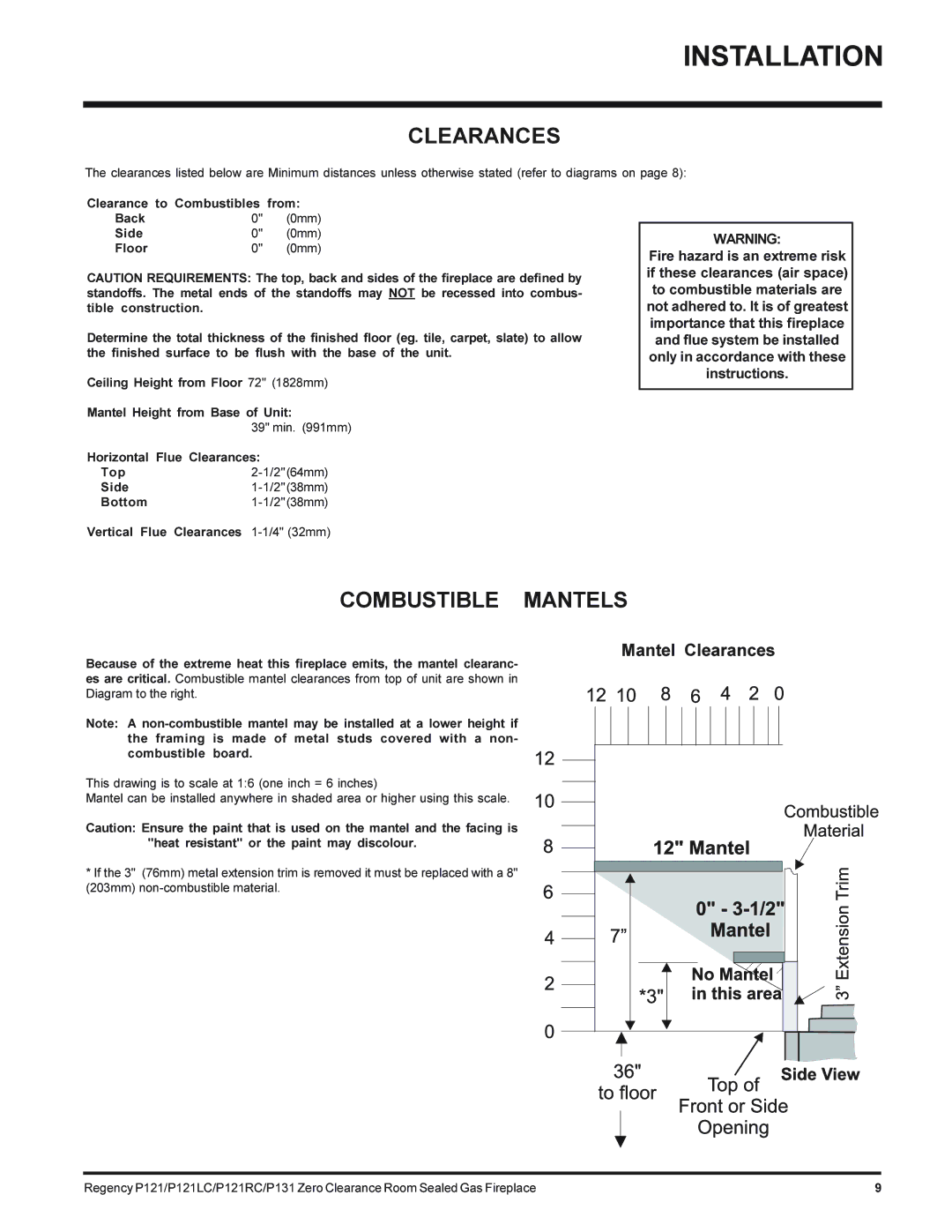 Regency P121LC-NG, P131-NG, P121RC-NG, P121-NG installation manual Clearances, Combustible Mantels 