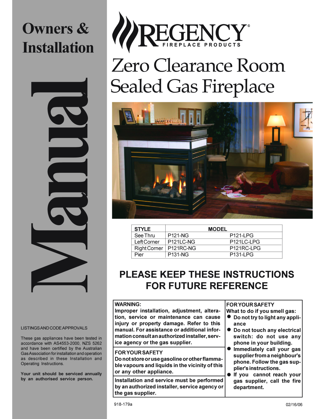 Regency P121LC-NG installation manual Manual, Zero Clearance Room Sealed Gas Fireplace, Owners & Installation, Style 