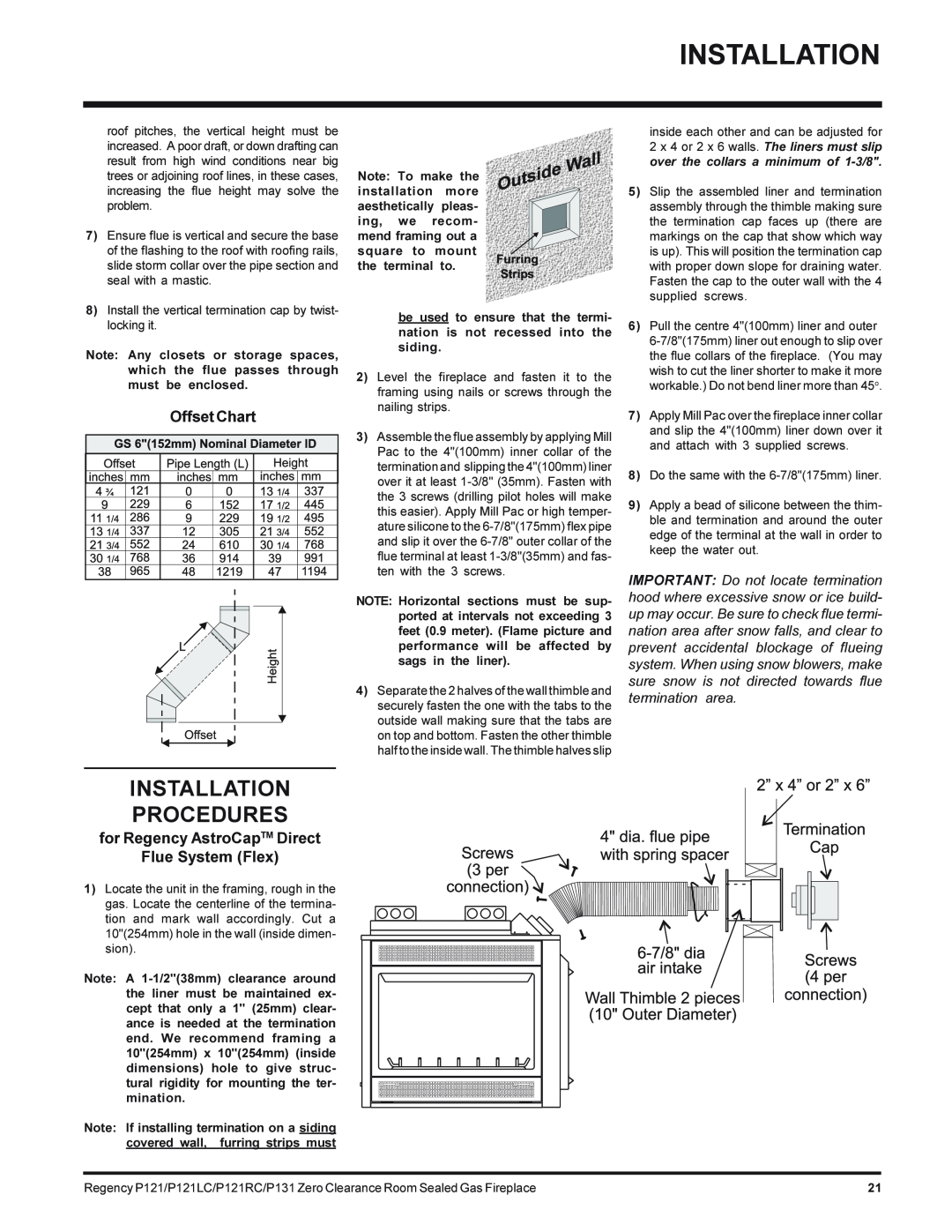 Regency P121LC-NG, P131-NG, P121RC-NG Installation Procedures, Offset Chart, for Regency AstroCapTM Direct Flue System Flex 