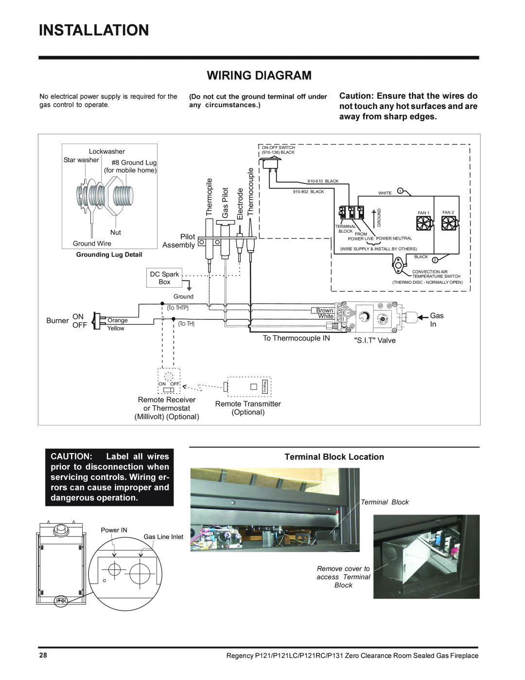 Regency P131-NG, P121LC-NG, P121RC-NG, P121-NG installation manual Wiring Diagram, Terminal Block Location 