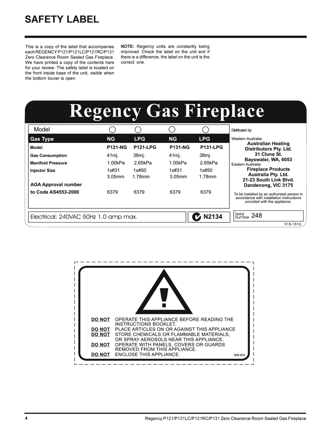 Regency P131-NG, P121LC-NG, P121RC-NG, P121-NG installation manual Safety Label 