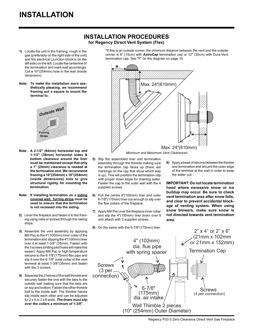 Regency P33-LP3, P33-NG3 installation manual Installation Procedures, For Regency Direct Vent System Flex 