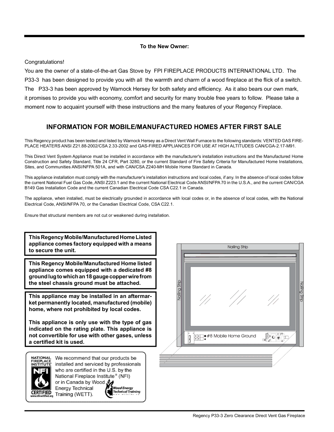 Regency P33-LP3, P33-NG3 installation manual Information for MOBILE/MANUFACTURED Homes After First Sale, To the New Owner 