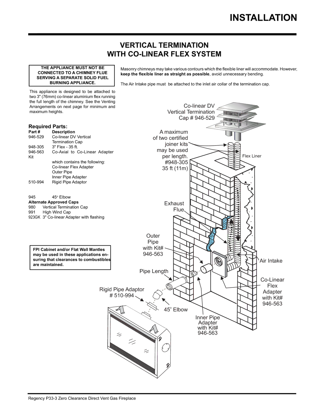 Regency P33-NG3 Vertical Termination With CO-LINEAR Flex System, Required Parts, Description, Alternate Approved Caps 