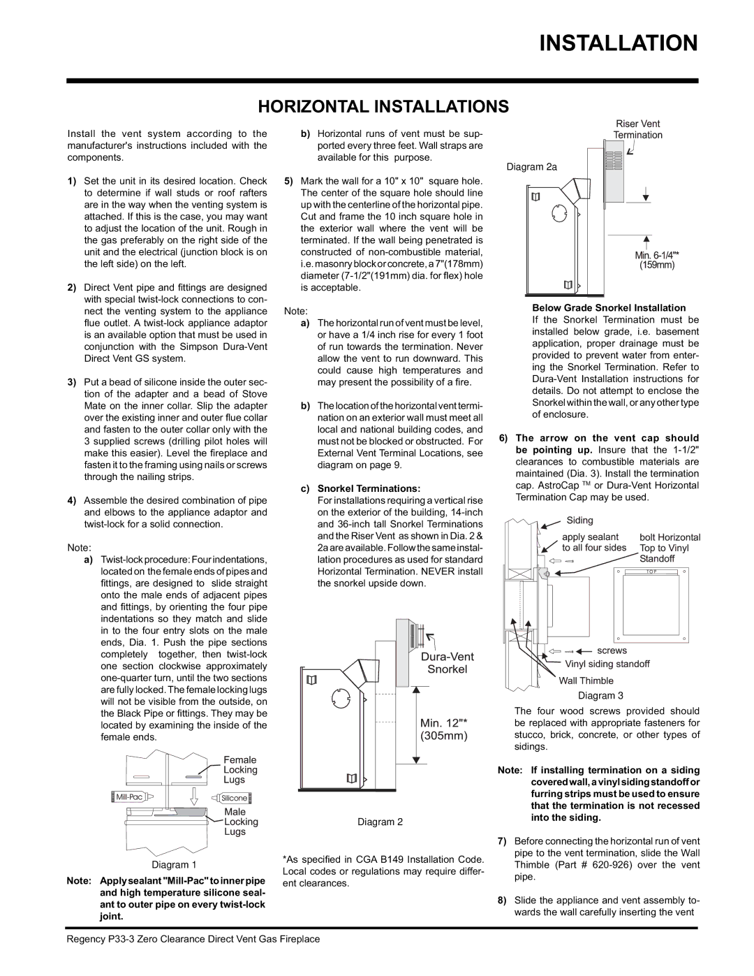 Regency P33-NG3, P33-LP3 Horizontal Installations, Snorkel Terminations, Below Grade Snorkel Installation 