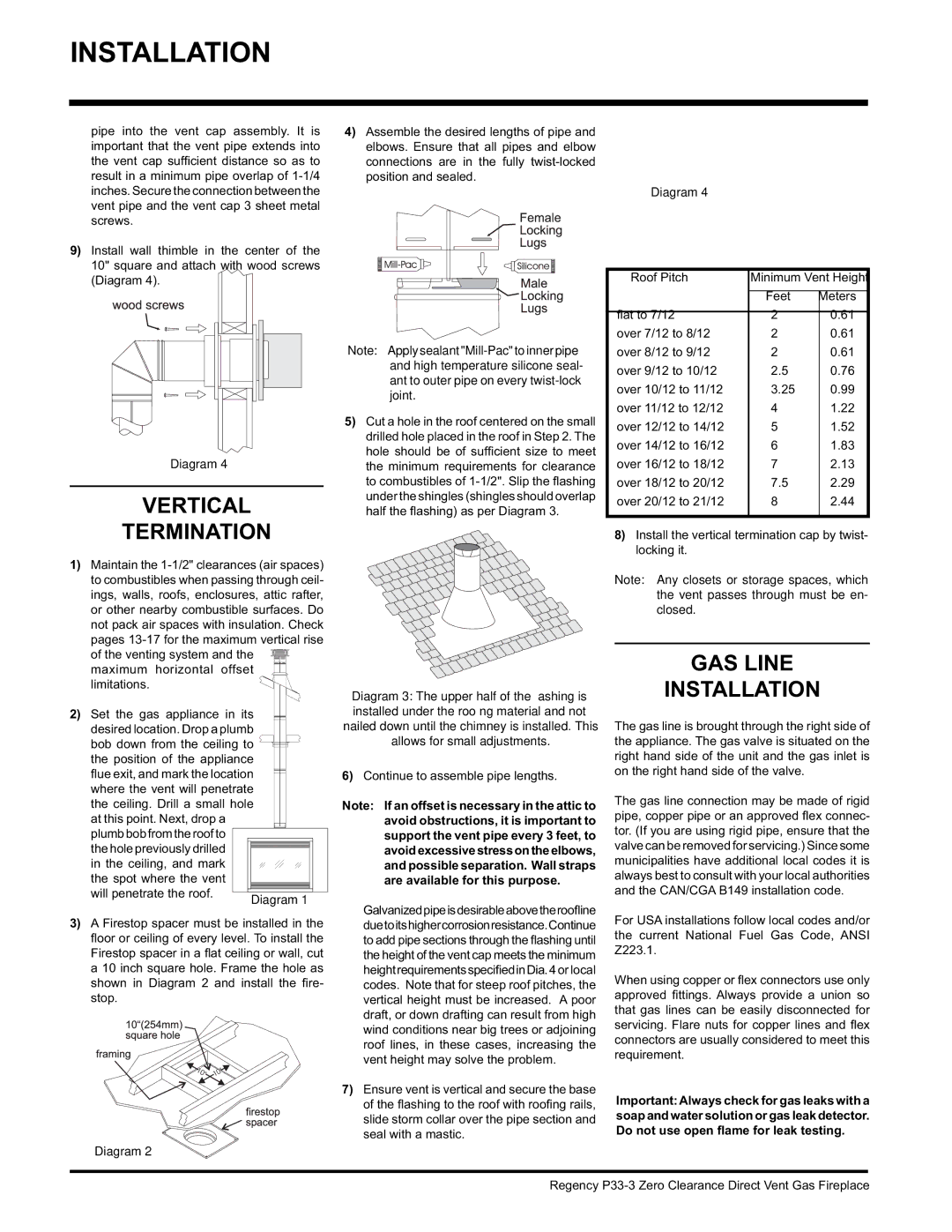 Regency P33-LP3, P33-NG3 installation manual Vertical Termination, GAS Line Installation 