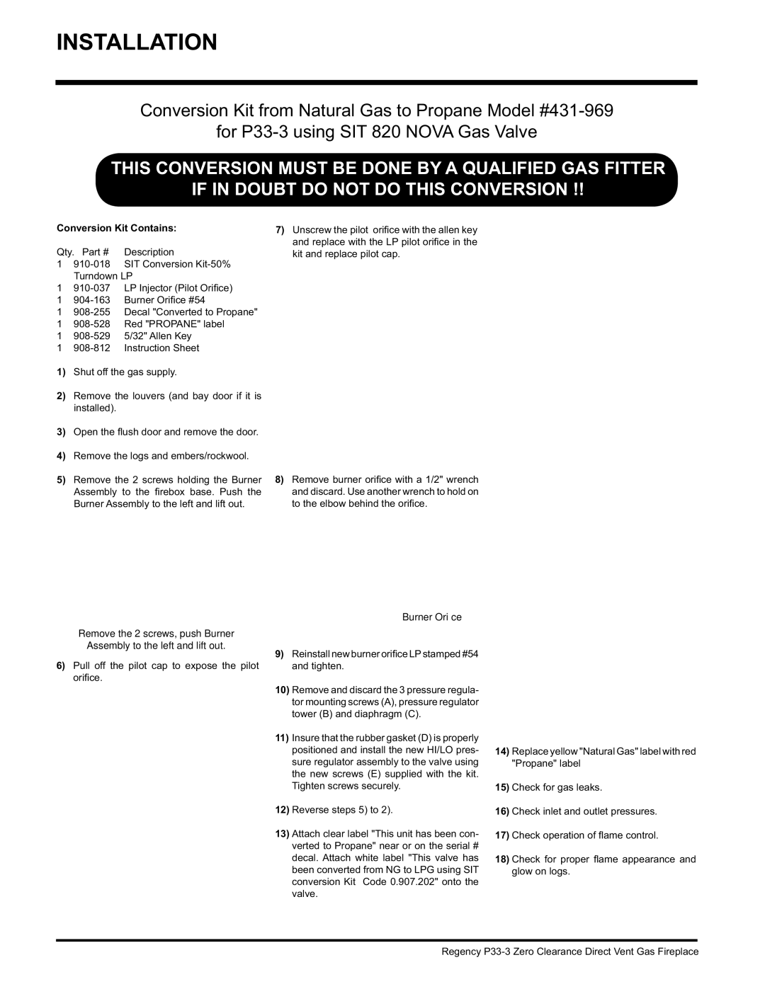 Regency P33-LP3, P33-NG3 installation manual Conversion Kit Contains 