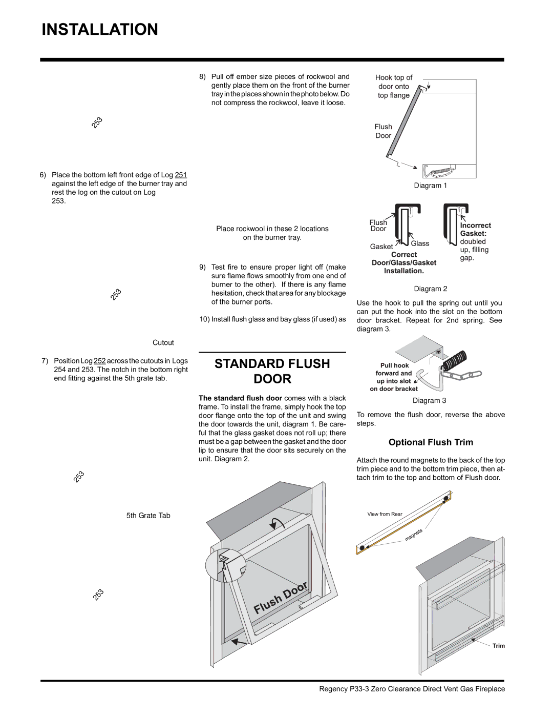 Regency P33-LP3, P33-NG3 installation manual Standard Flush Door, Optional Flush Trim, Cutout, 5th Grate Tab 