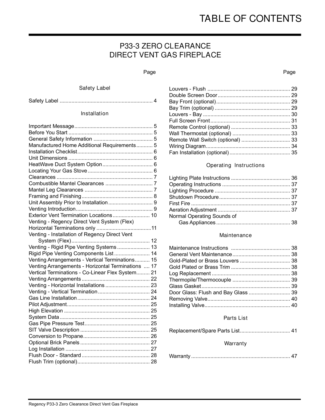 Regency P33-NG3, P33-LP3 installation manual Table of Contents 