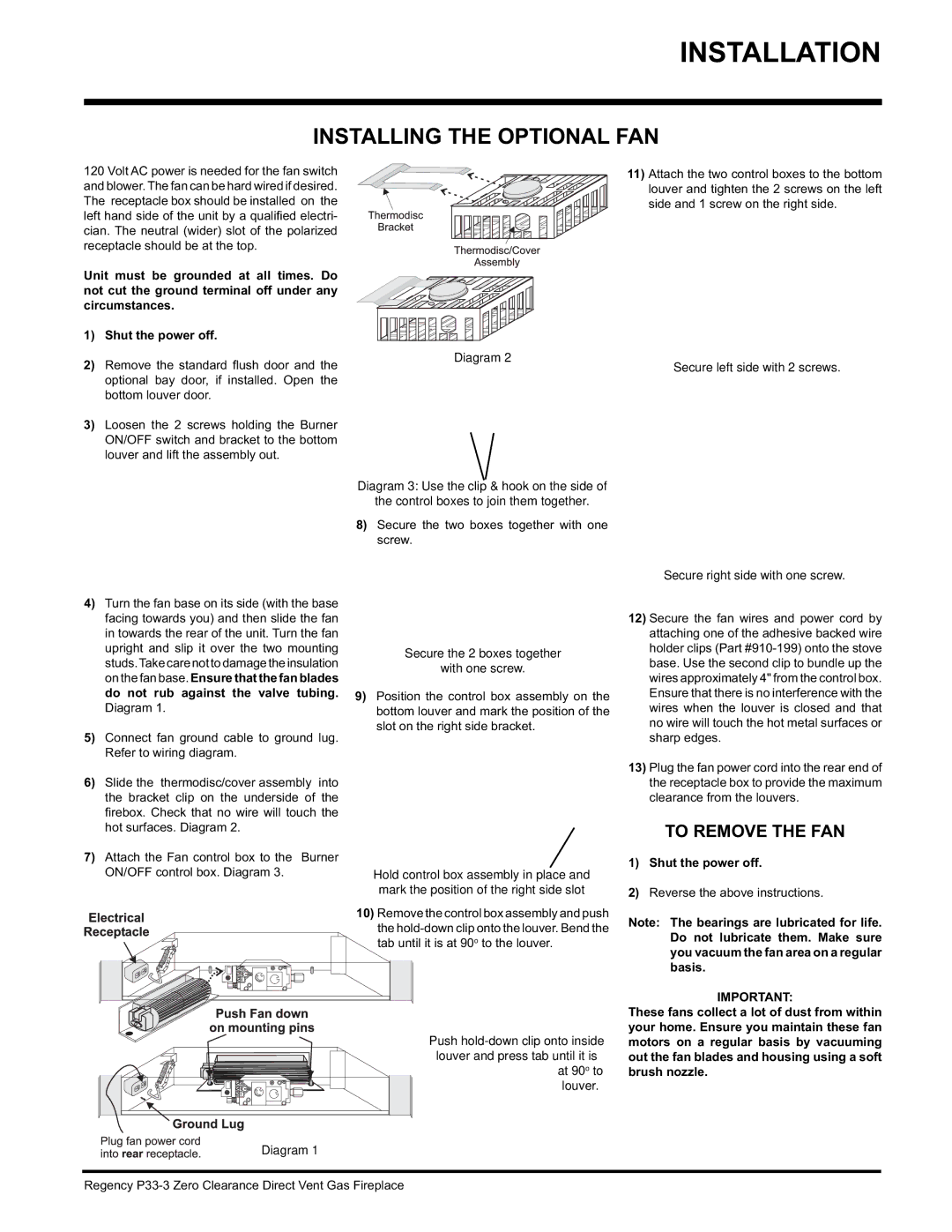 Regency P33-NG3, P33-LP3 Installing the Optional FAN, Shut the power off, Diagram Secure left side with 2 screws 