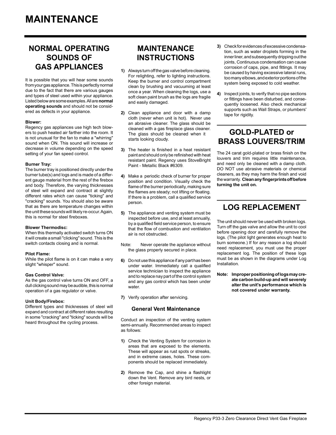 Regency P33-LP3 Normal Operating Sounds GAS Appliances, Maintenance Instructions, Brass LOUVERS/TRIM, LOG Replacement 