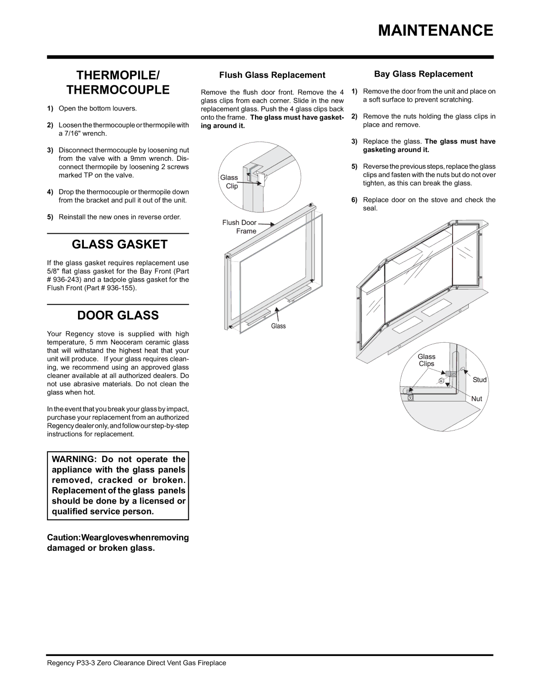 Regency P33-NG3, P33-LP3 installation manual Thermopile Thermocouple, Glass Gasket, Door Glass, Flush Glass Replacement 