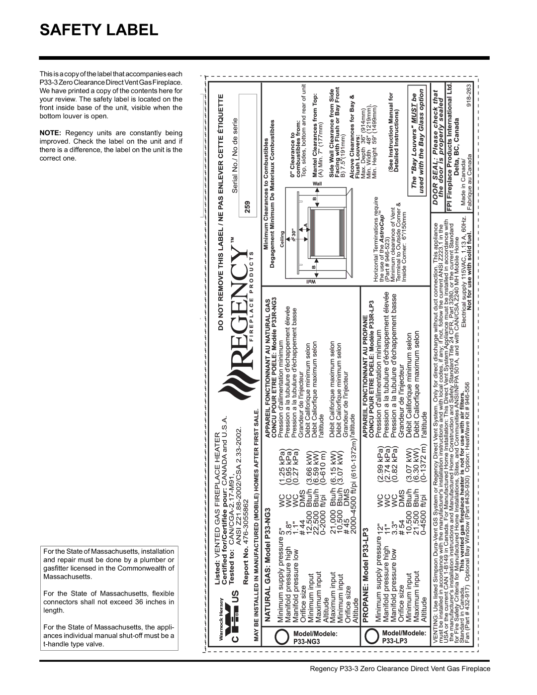 Regency P33-LP3, P33-NG3 installation manual Safety Label 