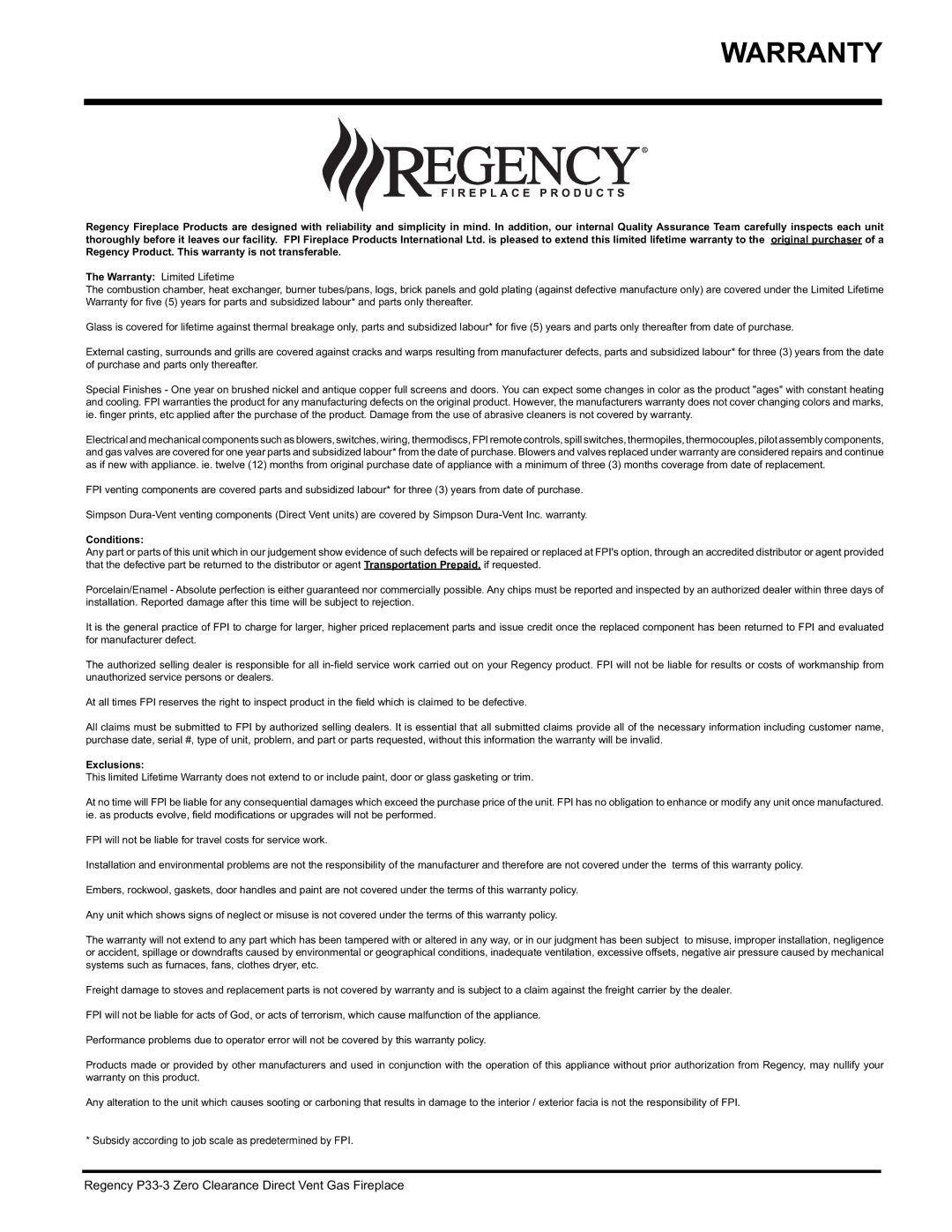 Regency P33-NG3, P33-LP3 installation manual Warranty, Conditions 