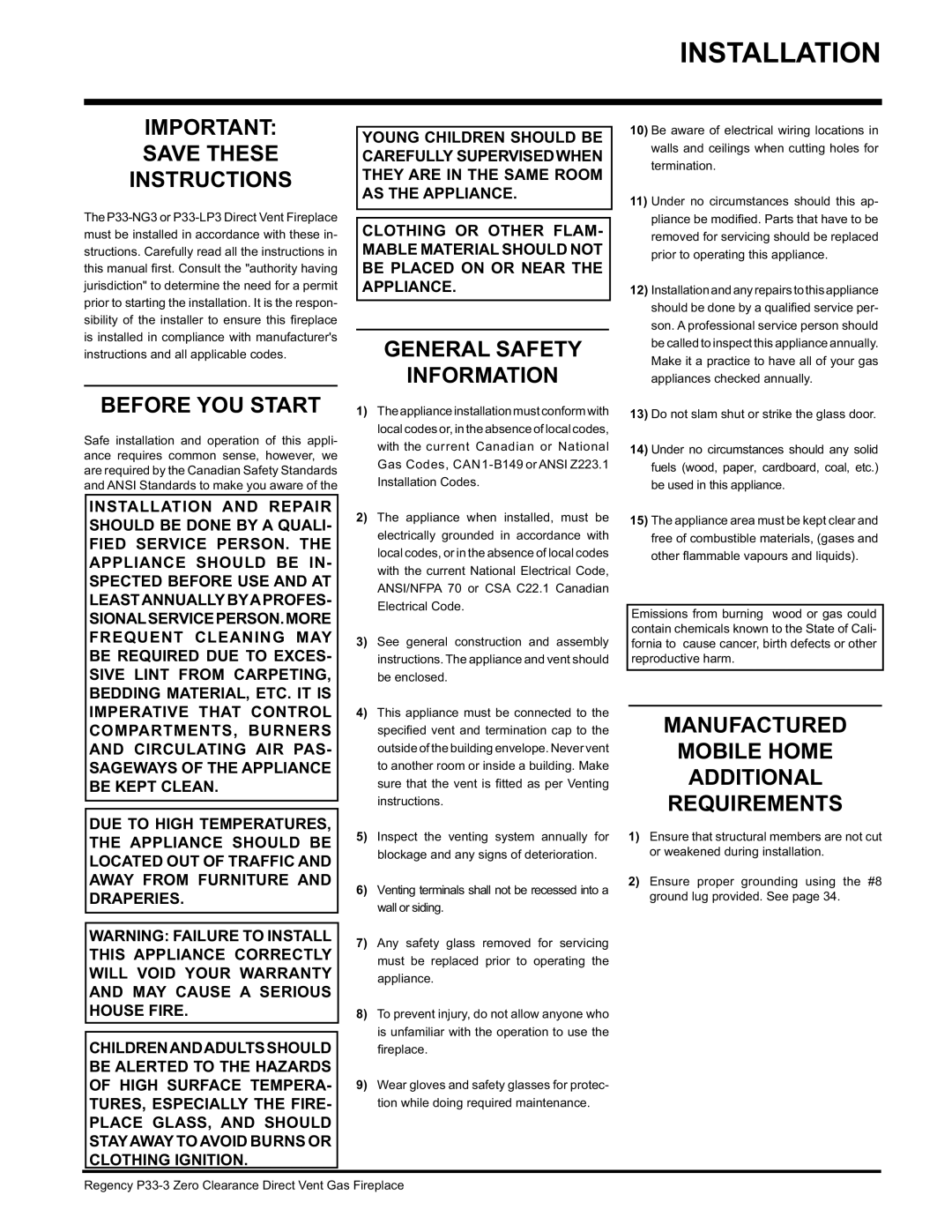 Regency P33-NG3, P33-LP3 Installation, Save These Instructions, Before YOU Start, General Safety Information 