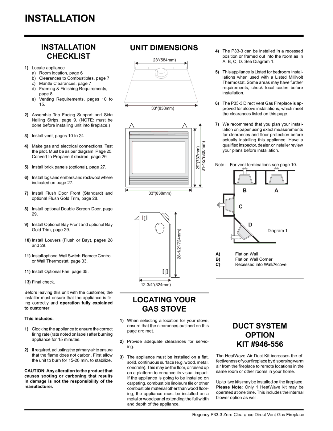 Regency P33-LP3, P33-NG3 Installation Checklist, Unit Dimensions, Locating Your GAS Stove, Duct System Option 