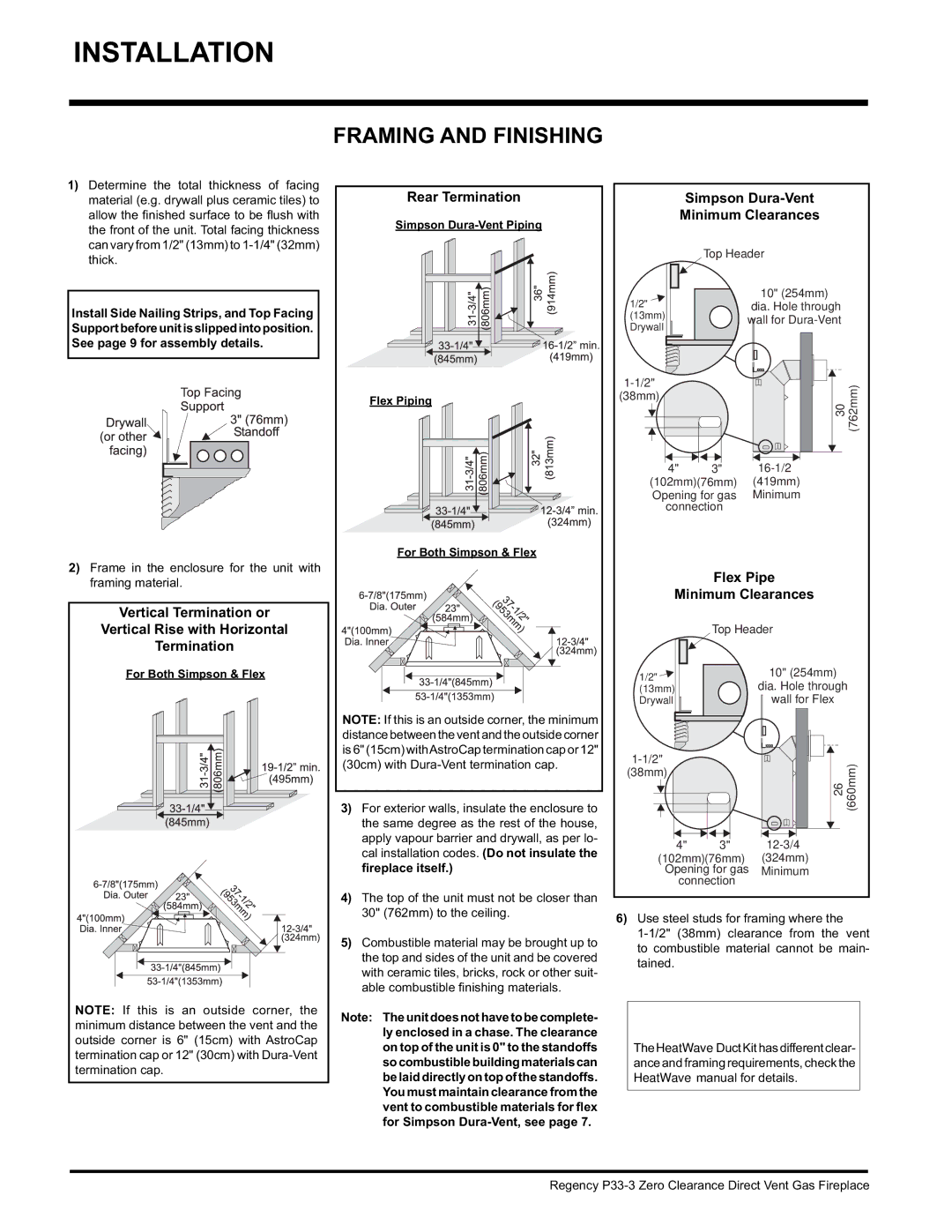 Regency P33-LP3, P33-NG3 installation manual Framing and Finishing, Rear Termination, Simpson Dura-Vent Minimum Clearances 