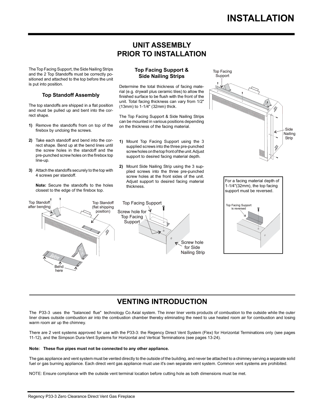 Regency P33-NG3, P33-LP3 Unit Assembly Prior to Installation, Venting Introduction, Top Standoff Assembly 