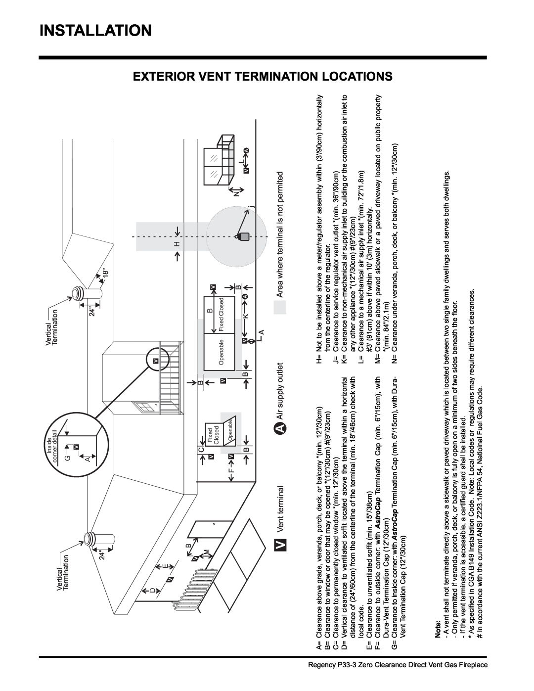 Regency P33-LP3, P33-NG3 Vent, Termination Locations, Exterior, Air supply outlet, Area where terminal is not permited 