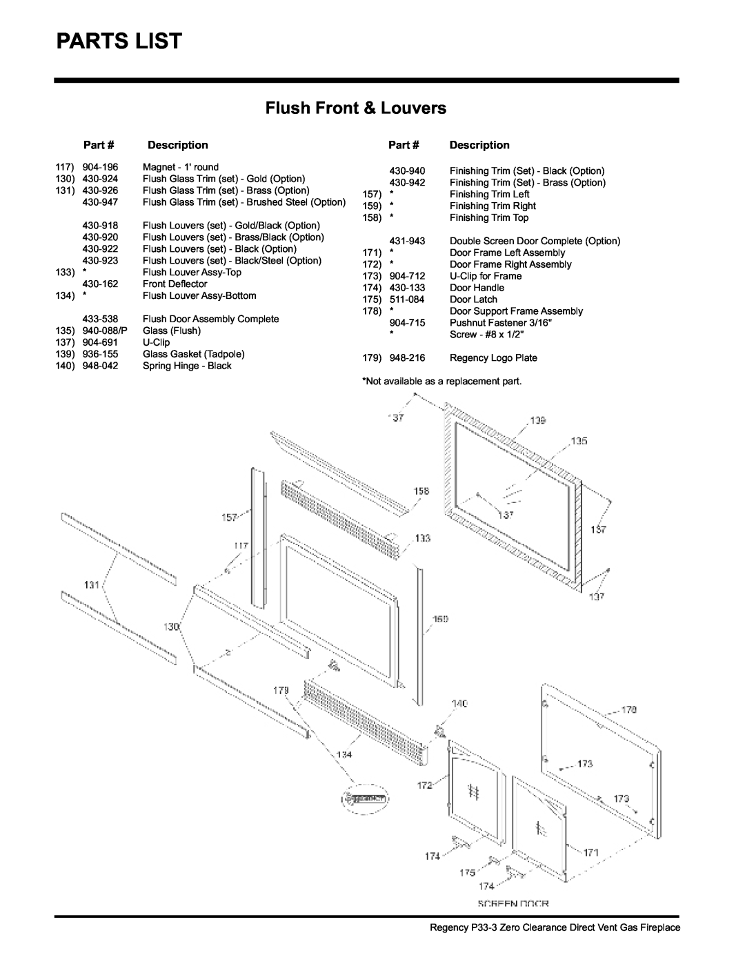 Regency P33-LP3, P33-NG3 installation manual Flush Front & Louvers, Description 