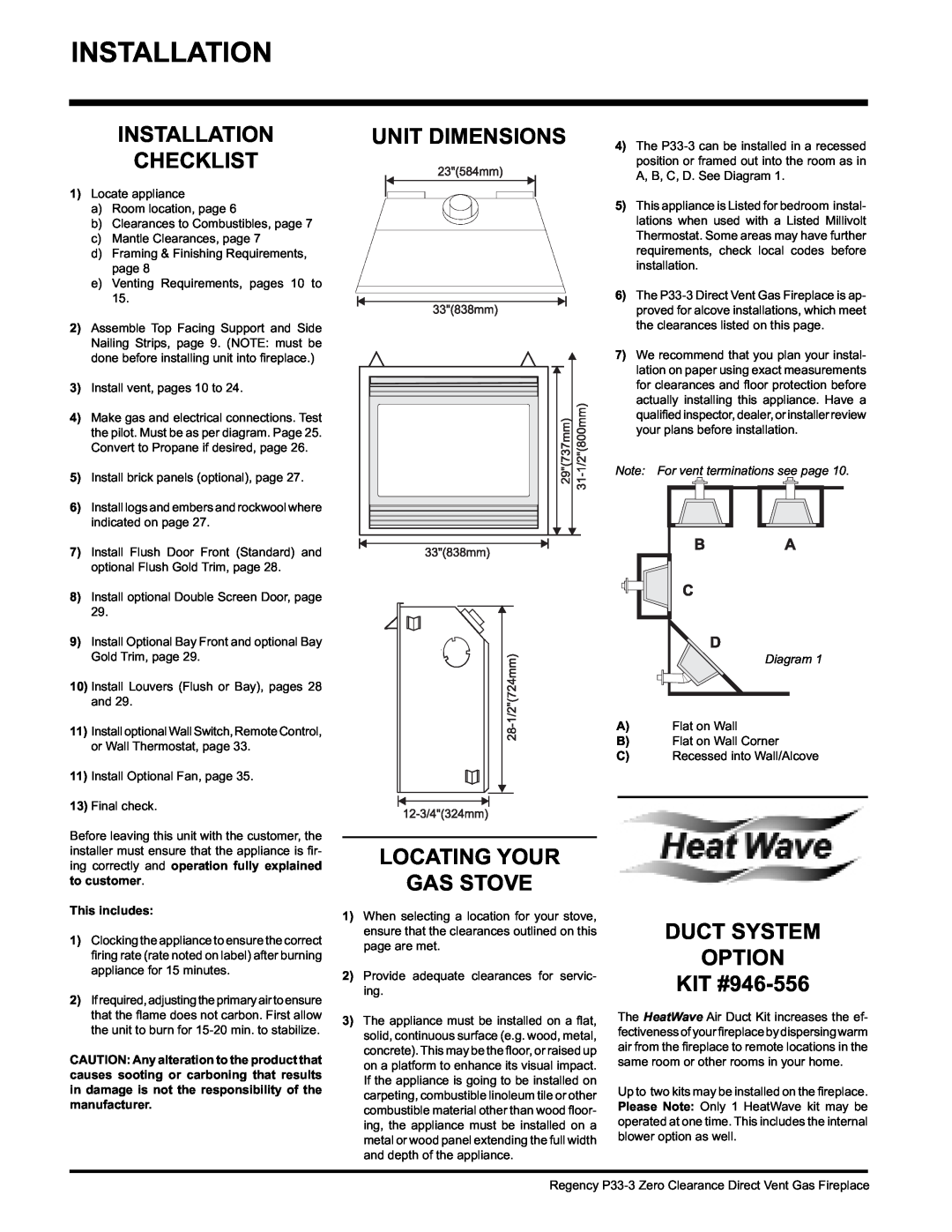 Regency P33-LP3, P33-NG3 Installation Checklist, Unit Dimensions, Locating Your Gas Stove, DUCT SYSTEM OPTION KIT #946-556 
