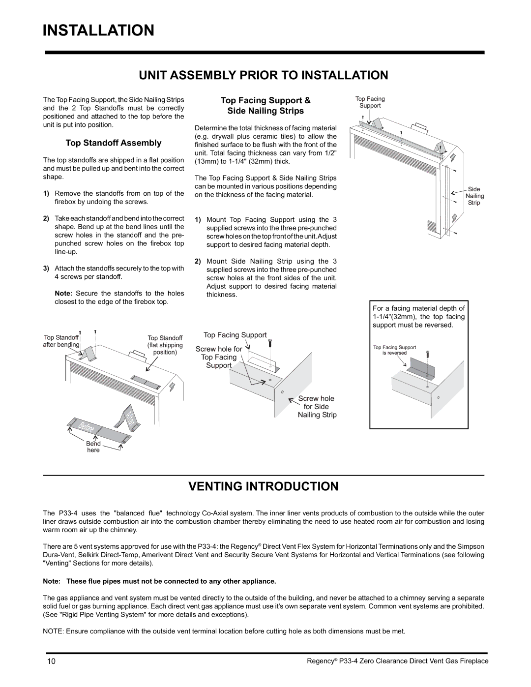 Regency P33-LP4 installation manual Unit Assembly Prior to Installation, Venting Introduction, Top Standoff Assembly 