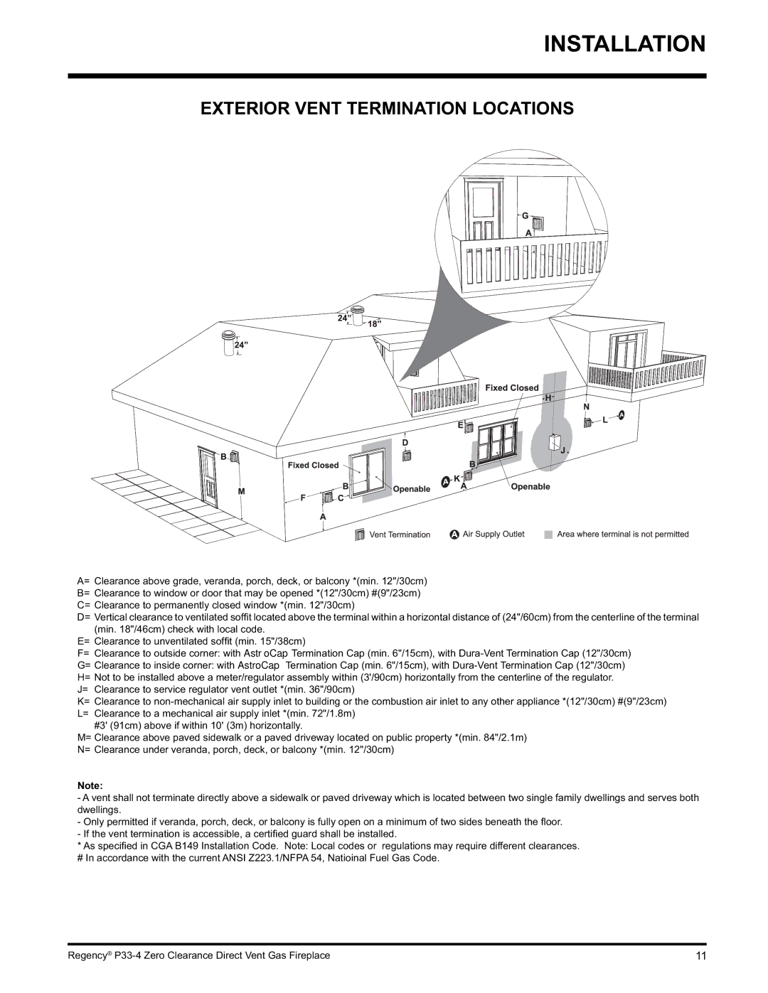 Regency P33-LP4 Exterior Vent Termination Locations, = Clearance to permanently closed window *min /30cm 