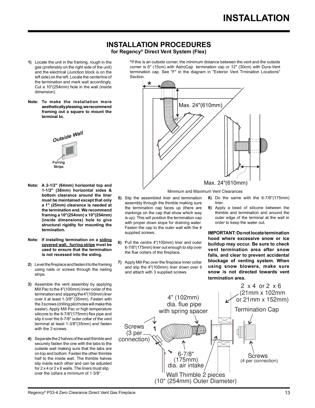 Regency P33-LP4 Installation Procedures, For Regency Direct Vent System Flex, Minimum and Maximum Vent Clearances 