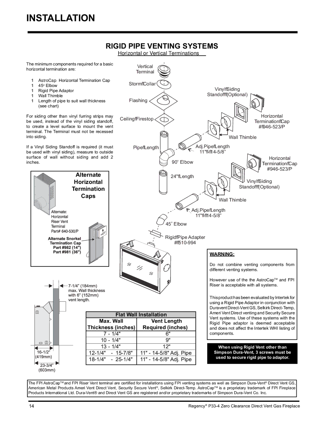 Regency P33-LP4 installation manual Flat Wall Installation, Vent Length, Thickness inches Required inches, Max. Wall 