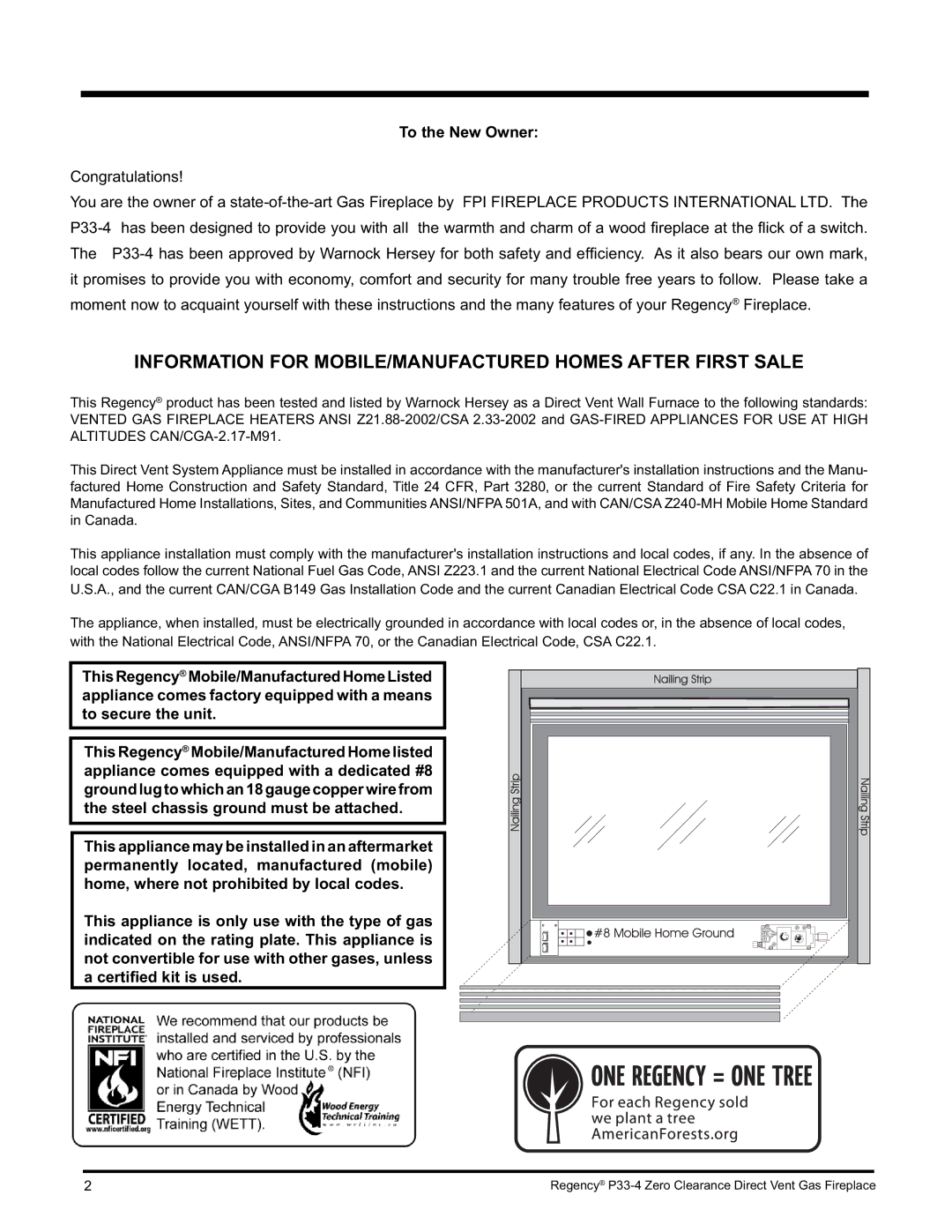 Regency P33-LP4 installation manual Information for MOBILE/MANUFACTURED Homes After First Sale, To the New Owner 