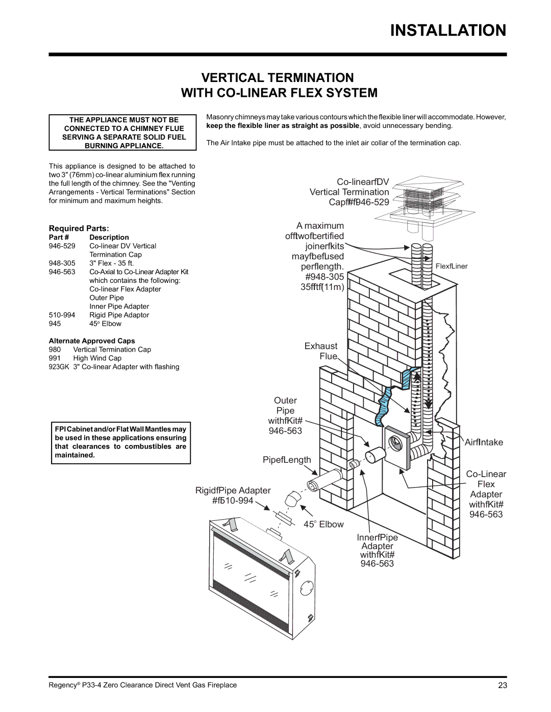 Regency P33-LP4 Vertical Termination With CO-LINEAR Flex System, Required Parts, Description, Alternate Approved Caps 