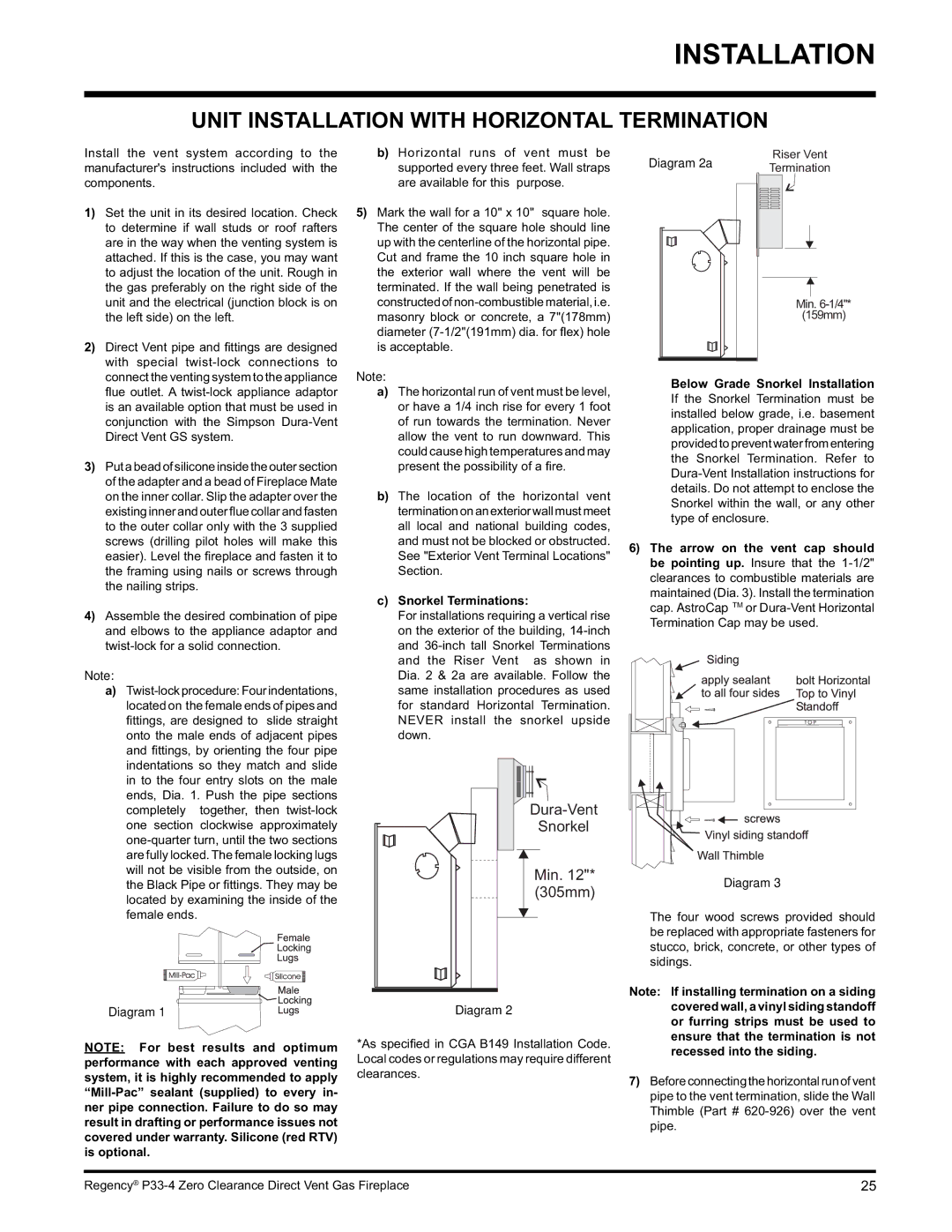 Regency P33-LP4 installation manual Unit Installation with Horizontal Termination, Snorkel Terminations 