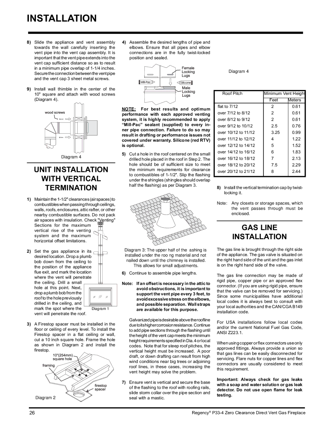 Regency P33-LP4 Unit Installation With Vertical Termination, GAS Line Installation, This allows for small adjustments 