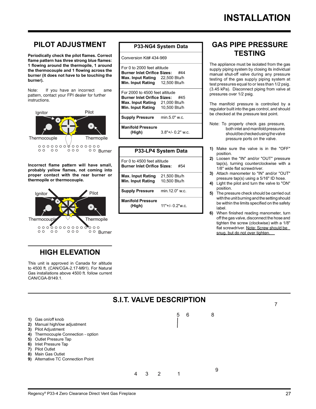 Regency P33-LP4 installation manual Pilot Adjustment, GAS Pipe Pressure Testing, High Elevation, T. Valve Description 