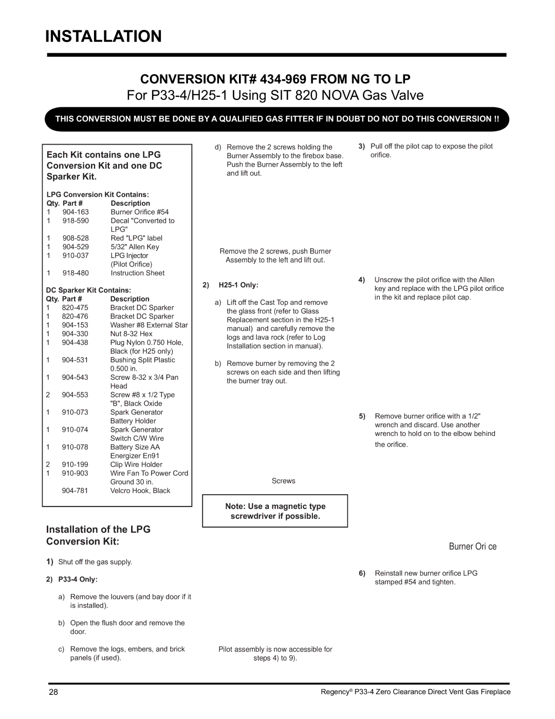 Regency P33-LP4 installation manual For P33-4/H25-1 Using SIT 820 Nova Gas Valve, Conversion KIT# 434-969 from NG to LP 