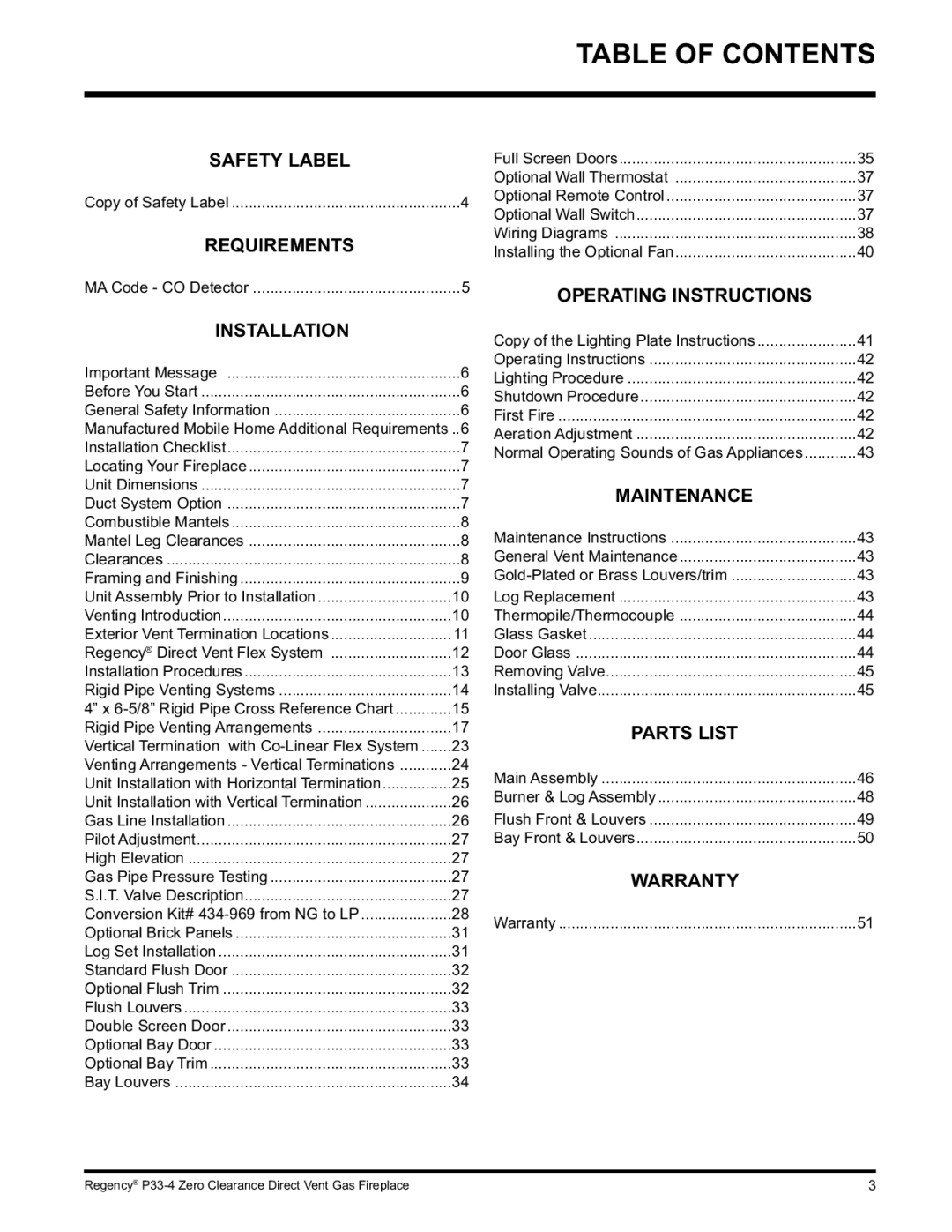 Regency P33-LP4 installation manual Table of Contents 