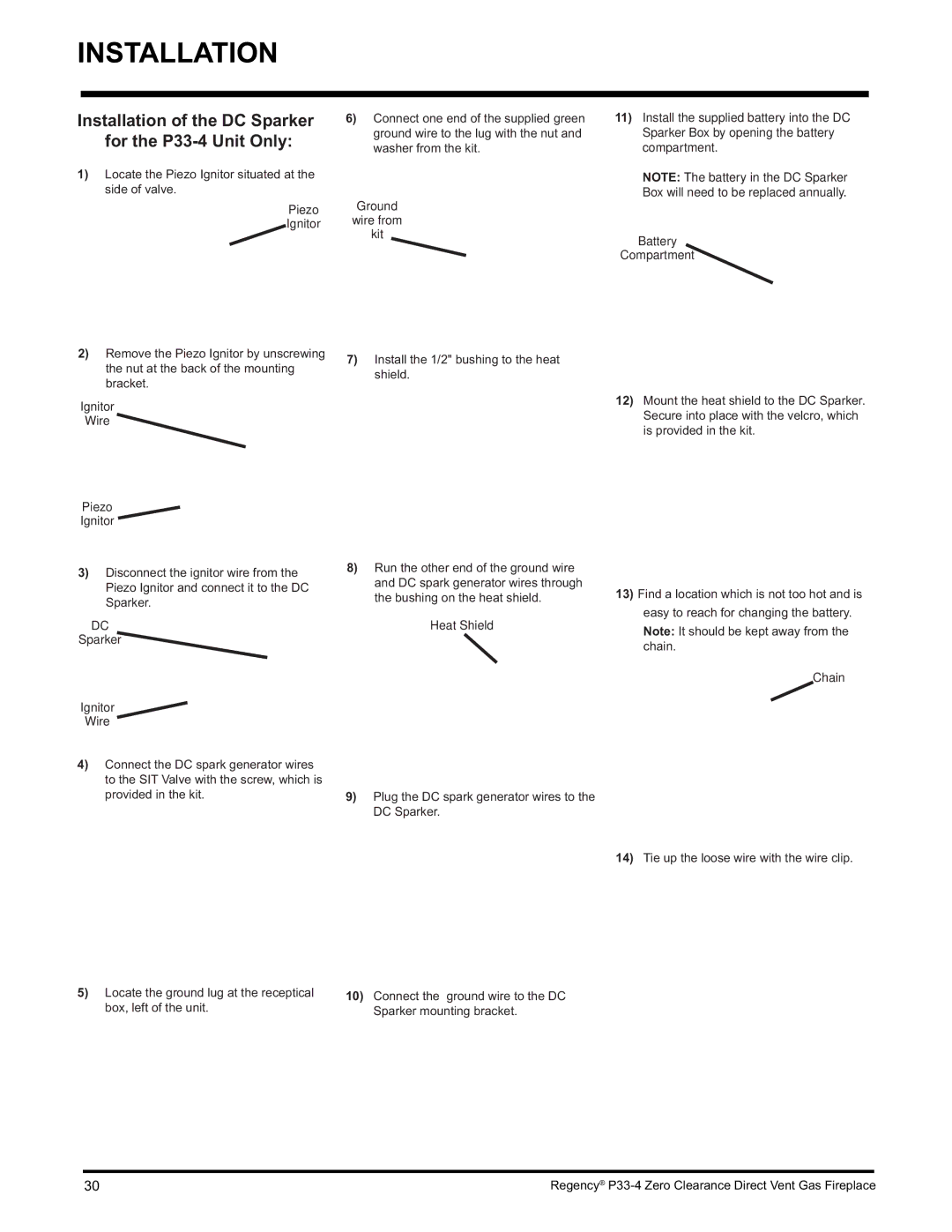 Regency P33-LP4 installation manual Installation of the DC Sparker for the P33-4 Unit Only 