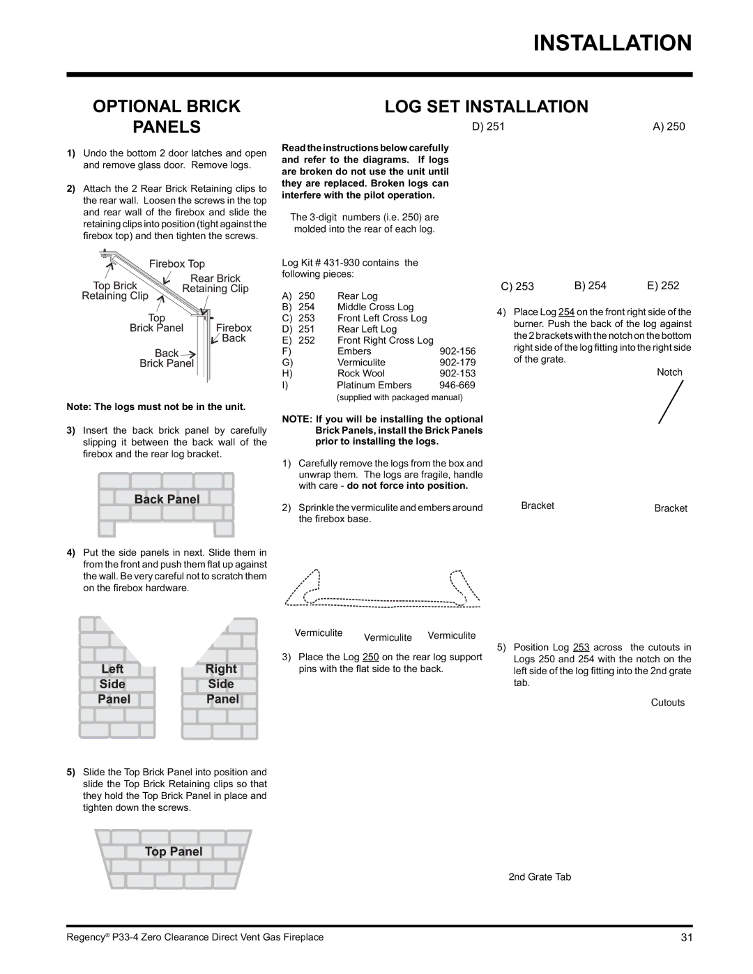 Regency P33-LP4 installation manual 250, 251 