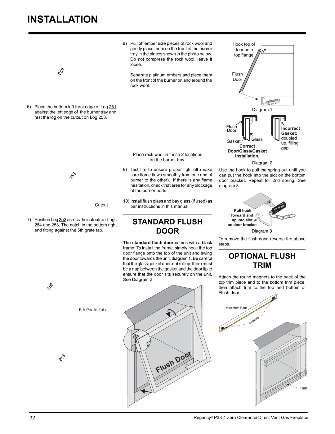 Regency P33-LP4 installation manual Standard Flush Door, Optional Flush Trim, Cutout, 5th Grate Tab 