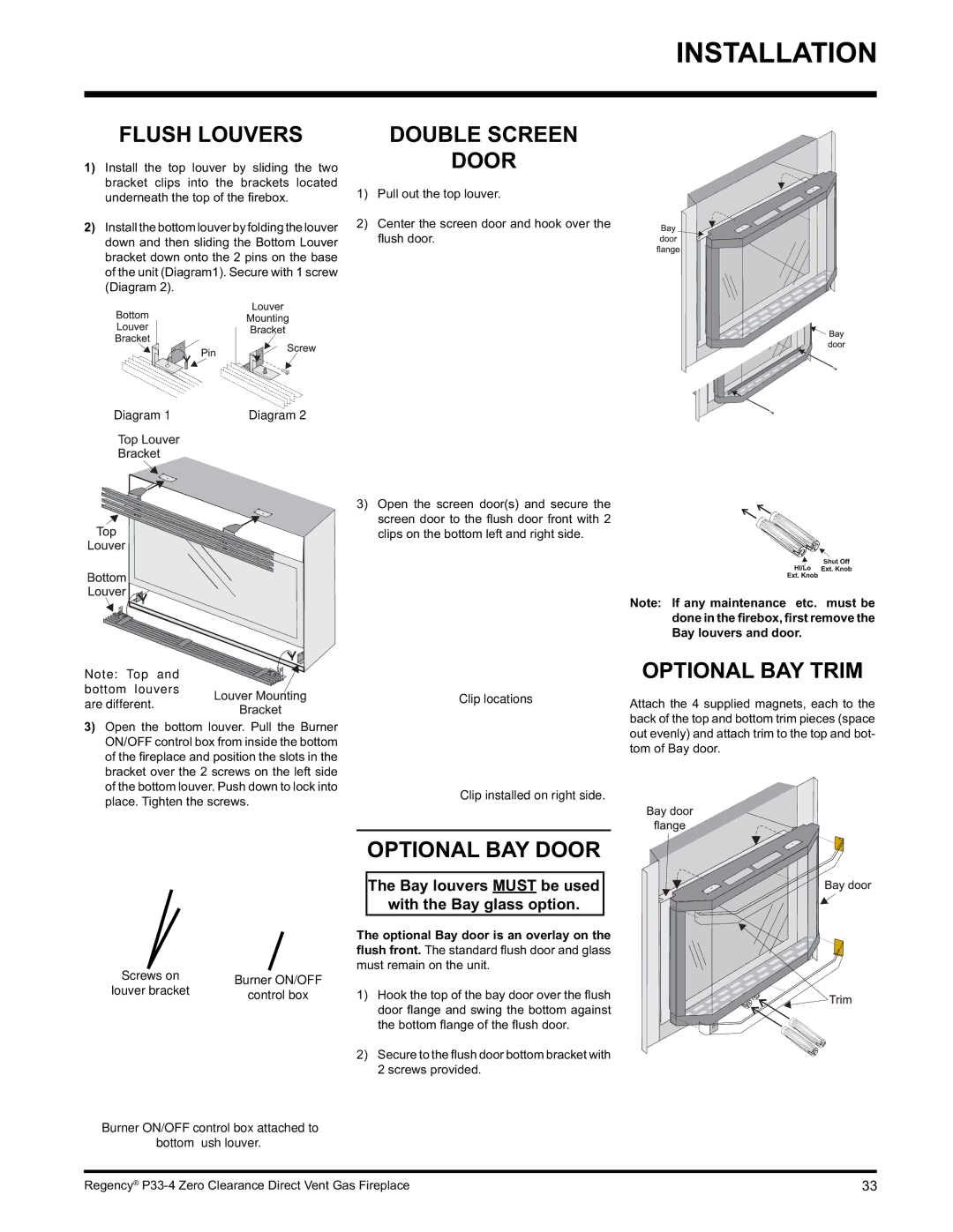 Regency P33-LP4 installation manual Flush Louvers, Double Screen Door, Optional BAY Trim, Optional BAY Door 