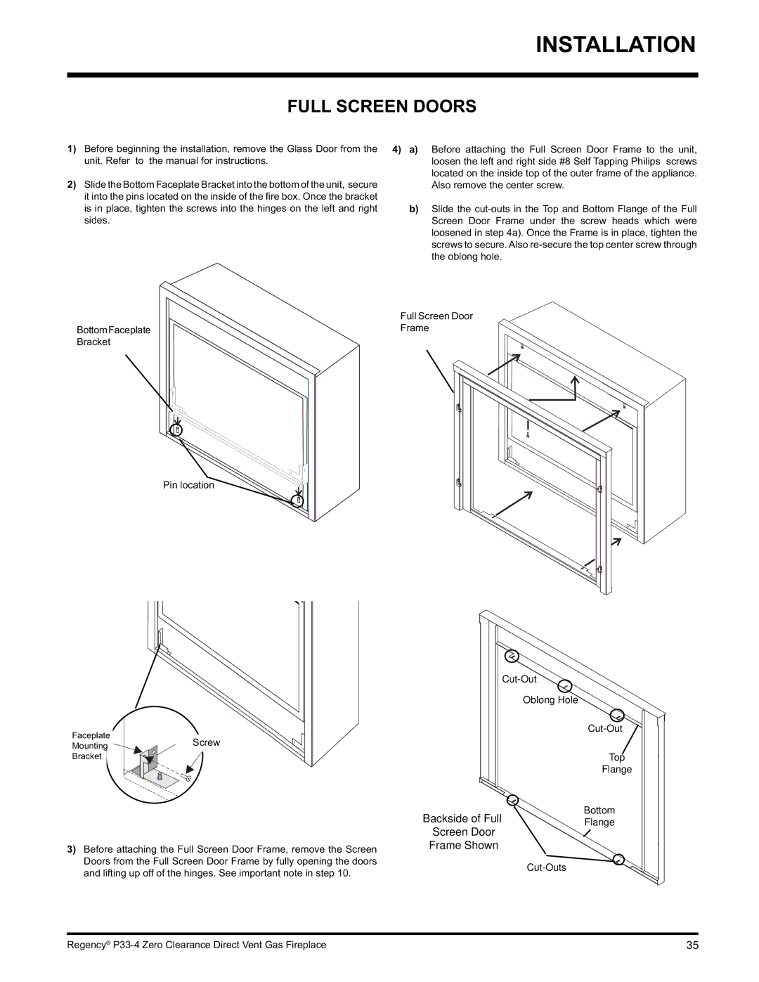 Regency P33-LP4 installation manual Full Screen Doors, Cut-Out Oblong Hole Top Flange Bottom, Cut-Outs 