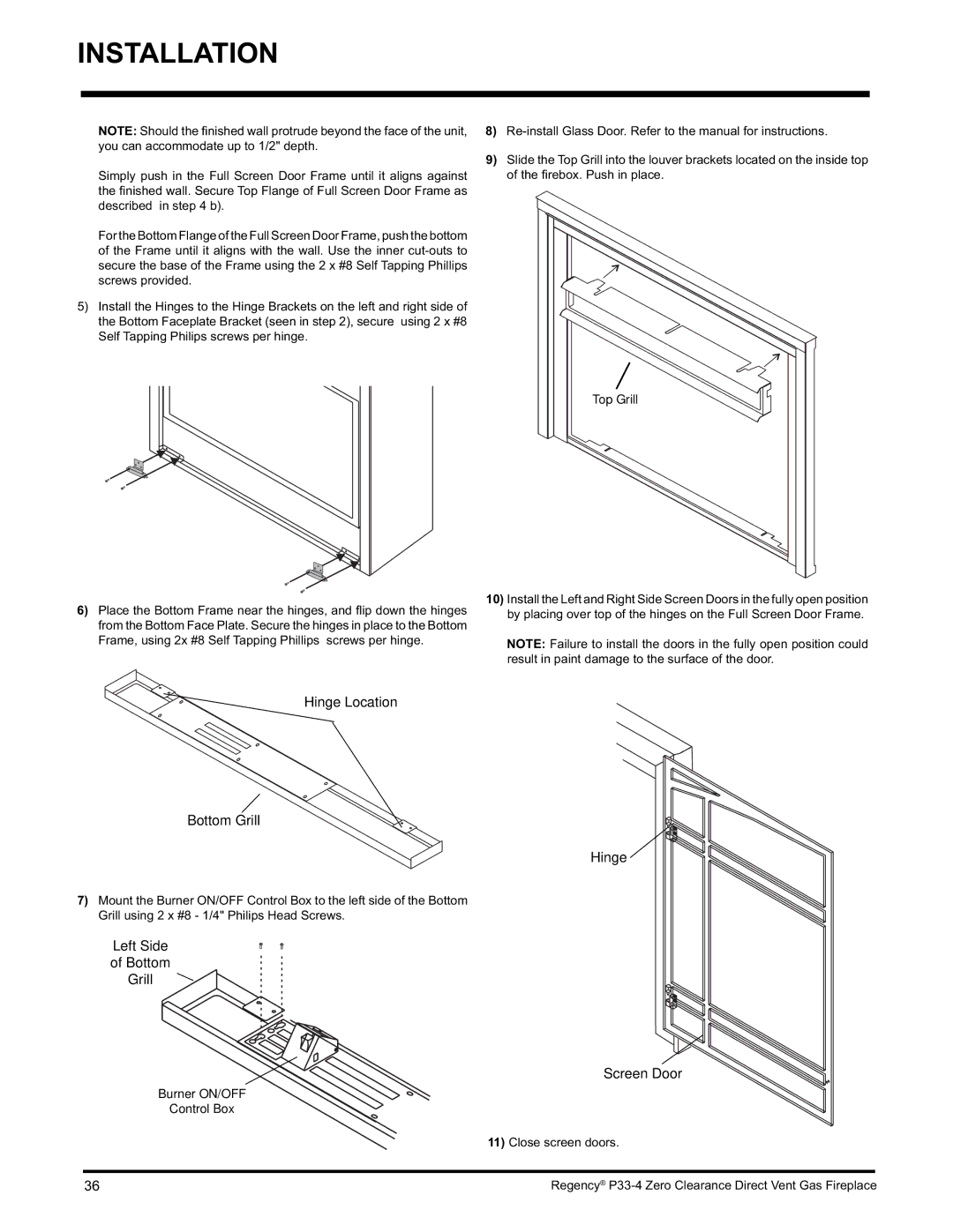 Regency P33-LP4 installation manual Hinge Location Bottom Grill, Top Grill 