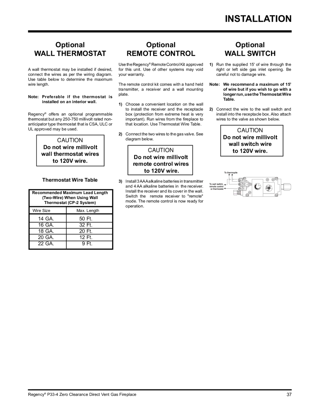 Regency P33-LP4 installation manual Wall Thermostat, Remote Control, Wall Switch, Thermostat Wire Table 