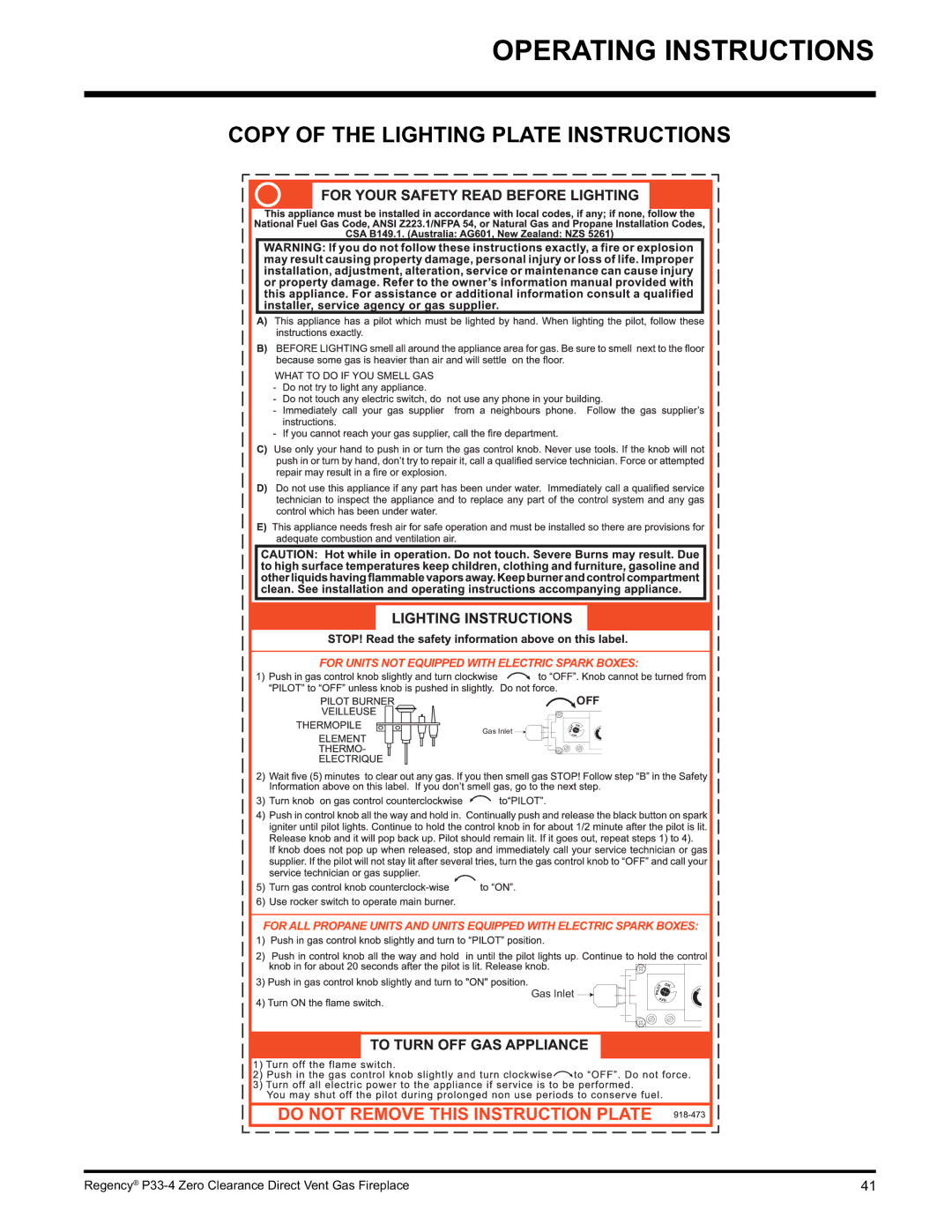 Regency P33-LP4 installation manual Operating Instructions, Copy of the Lighting Plate Instructions 