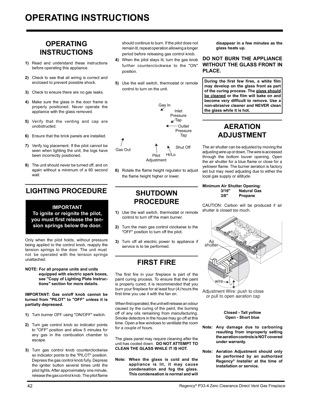 Regency P33-LP4 Operating Instructions, Lighting Procedure, Shutdown Procedure, First Fire, Aeration Adjustment 