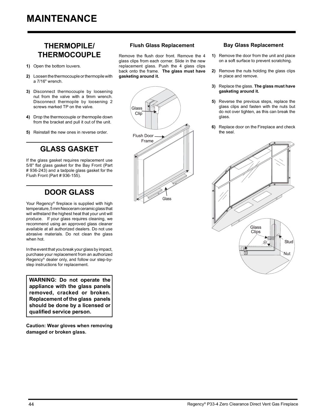 Regency P33-LP4 Thermopile Thermocouple, Glass Gasket, Door Glass, Flush Glass Replacement, Bay Glass Replacement 